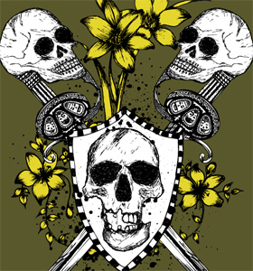 Vector Tee Design with Skulls, Shield, Sword and Flowers