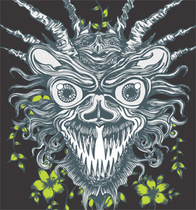 Apparel T-shirt Design with Demon Head and Flowers