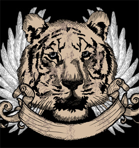 Tiger Head with Wings and Ribbon Vector T-shirt Design