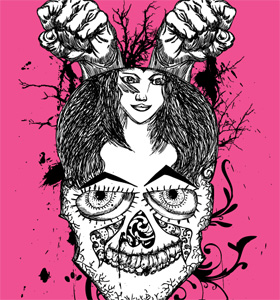 Vector Tee Design with Skull, Girl, Floral and Fists