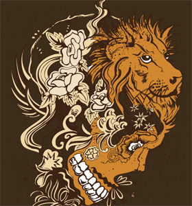 Vector Tee Graphics with Lion Head, Skull and Flowers