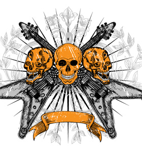 Vector Tee Design with Skull, Guitar, Floral and Banner