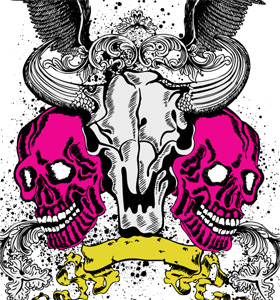 Vector T-shirt Design with Skulls, Scroll and Wings