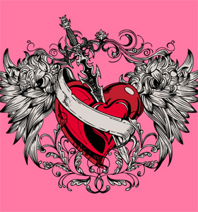 Vector Winged Heart with, Sword and Ribbon T-shirt Design