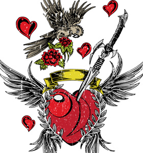 Lovely Winged Heart with Bird, Sword and Flower Vector Tee Design