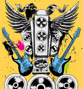 Vector T-shirt Illustration for Musical Theme with Speakers, Guitar and Wings