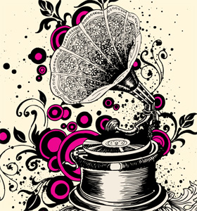 Vintage Gramophone with Floral and Circle Vector T-shirt Illustration