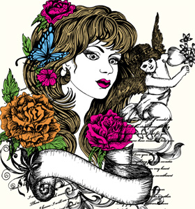 Vector T-shirt Design with Beautiful Woman, Cupid Angel and Flowers