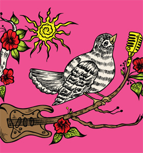 Vector Wooden Guitar with Singing Bird and Flower Tee Design