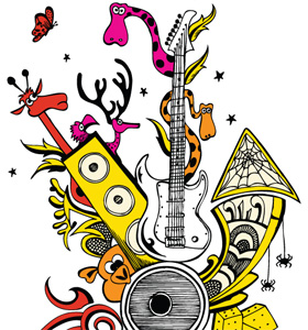 Vector Tee Design with Cute Funny Cartoon Animals and Guitar