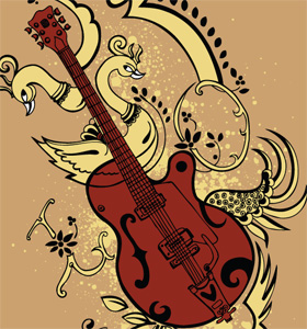 Guitar with Peacock Vector T-shirt Design Illustration