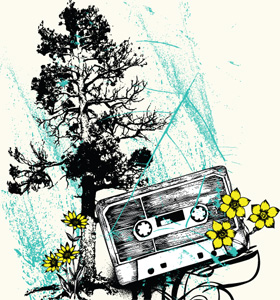 Vector Music T-shirt Design with Cassette, Tree and Flowers