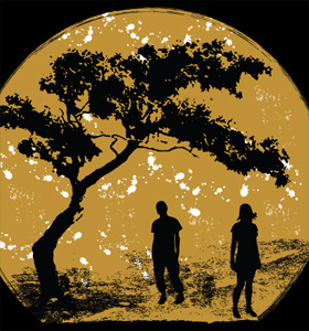 Vector T-shirt Design with Silhouettes of Young People Standing Under a Tree