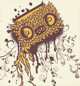 Cassette Tape Vector T-shirt Design with Spray Paint and Floral Swirls