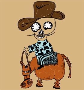 Cartoon Cowboy Skull Riding a Horse Vector T-shirt Design