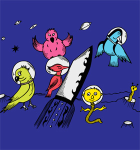 Cute Cartoon Birds in the Space Vector T-shirt Design