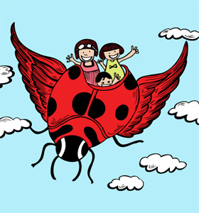 Cute Cartoon Kids Riding a Flying Ladybug Vector T-shirt Design