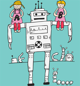 Cute Cartoon Children Playing with Robot T-shirt Design Vector